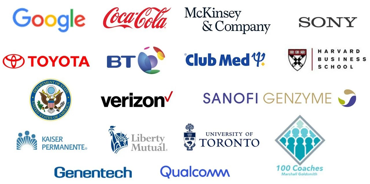 Client logos including Amgen, BDO, Sony, Toyota, Qualcomm, Verizon and others